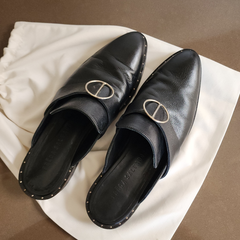 Freda Salvador Black Mules with Silver Accents